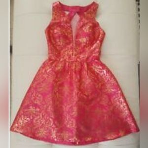 Adrianna Papell Graduation! Wedding! HOCO!! Pink Gold brocade party dress 3 4
